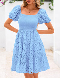 Puff Sleeve Off Shoulder Eyelet Smocked A Line Casual Babydoll Mini Dress