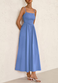 Smocked Beach Casual Spaghetti Strap Swing A Line Flowy Maxi Dresses