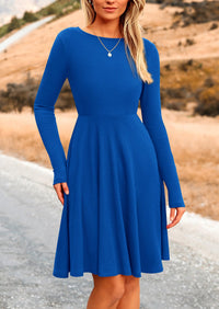 Ribbed Knit Crew Neck Long Sleeve A-Line Flowy Casual Elegant Mini Dresses