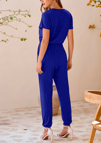 Deep V Neck Wrap Drawstring Waist Jumpsuits