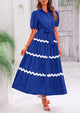 Button Down Puff Short Sleeve Ruffle Flowy Maxi Shirt Dresses With Belt