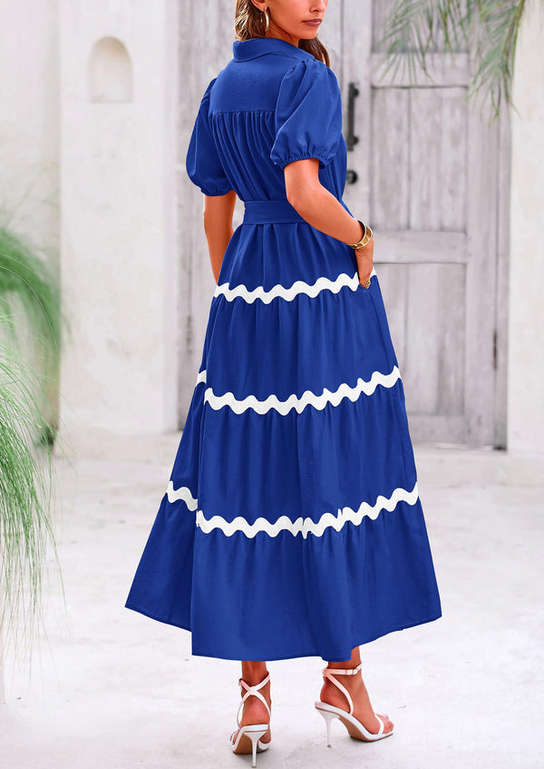 Button Down Puff Short Sleeve Ruffle Flowy Maxi Shirt Dresses With Belt