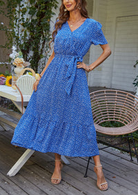 V Neck Short Sleeve Belted Ruffle Floral Summer Dresses