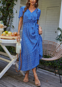 V Neck Short Sleeve Belted Ruffle Floral Summer Dresses