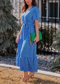 V Neck Short Sleeve Belted Ruffle Floral Summer Dresses