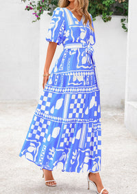 Bohemian Print V-Neck Short Sleeved Ruffled Vacation Maxi Dress