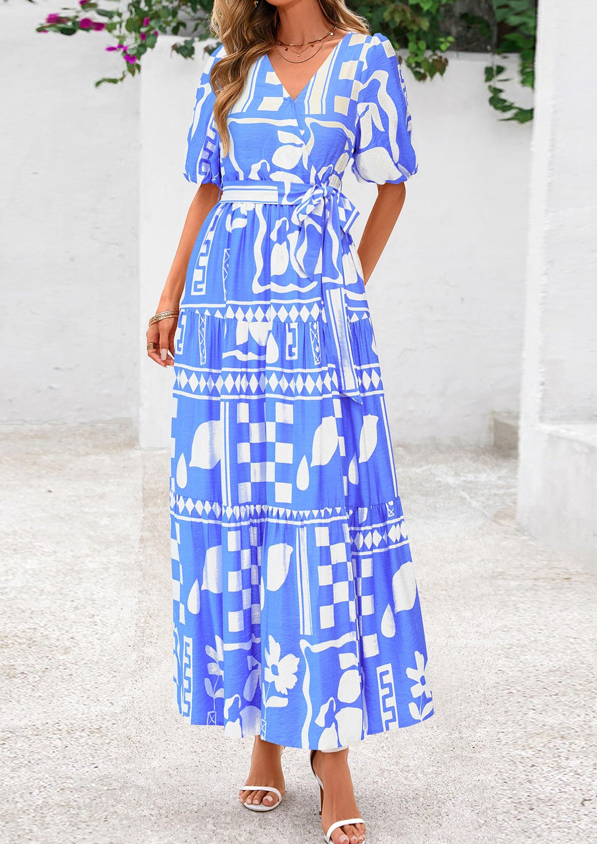 Bohemian Print V-Neck Short Sleeved Ruffled Vacation Maxi Dress