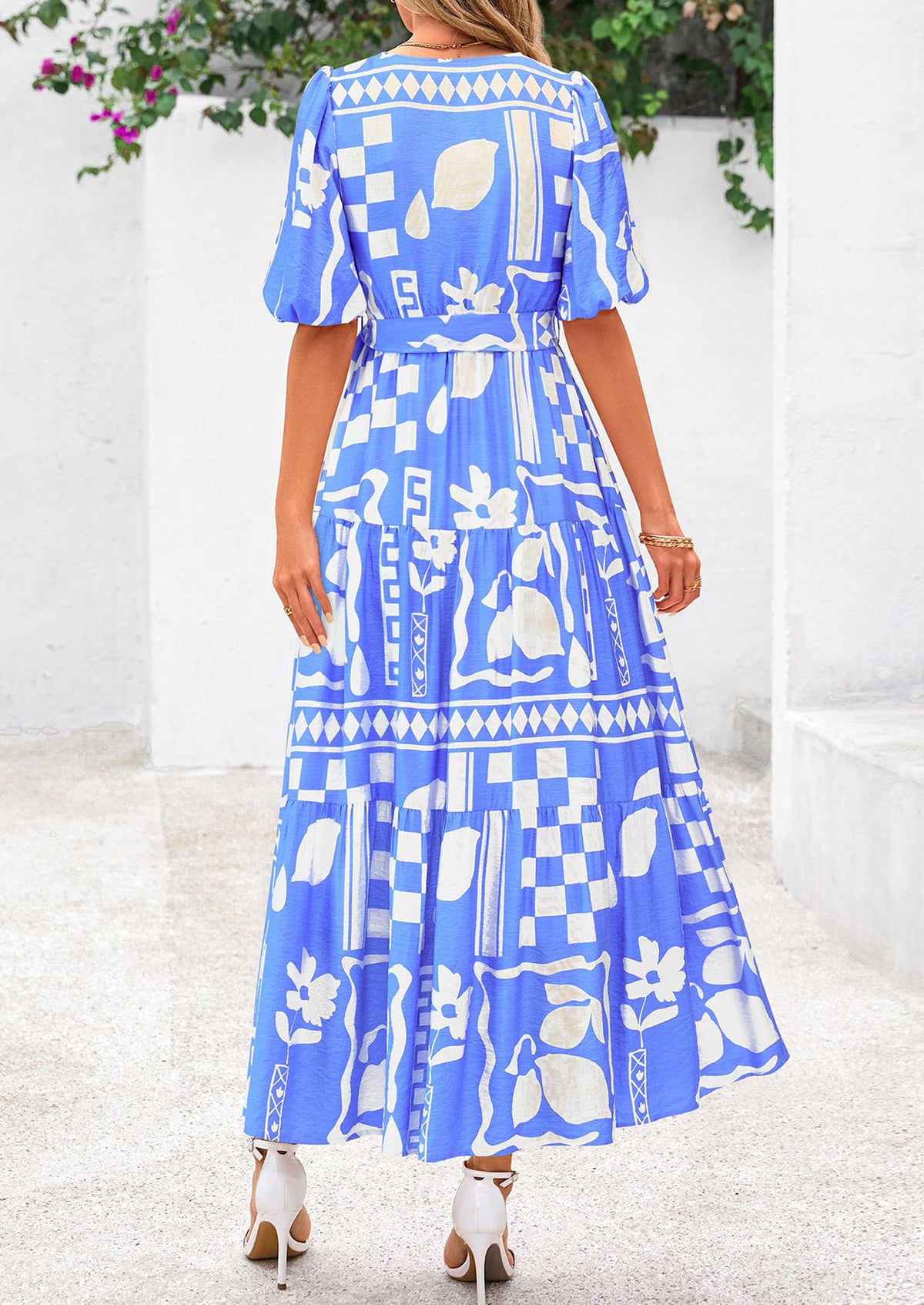 Bohemian Print V-Neck Short Sleeved Ruffled Vacation Maxi Dress