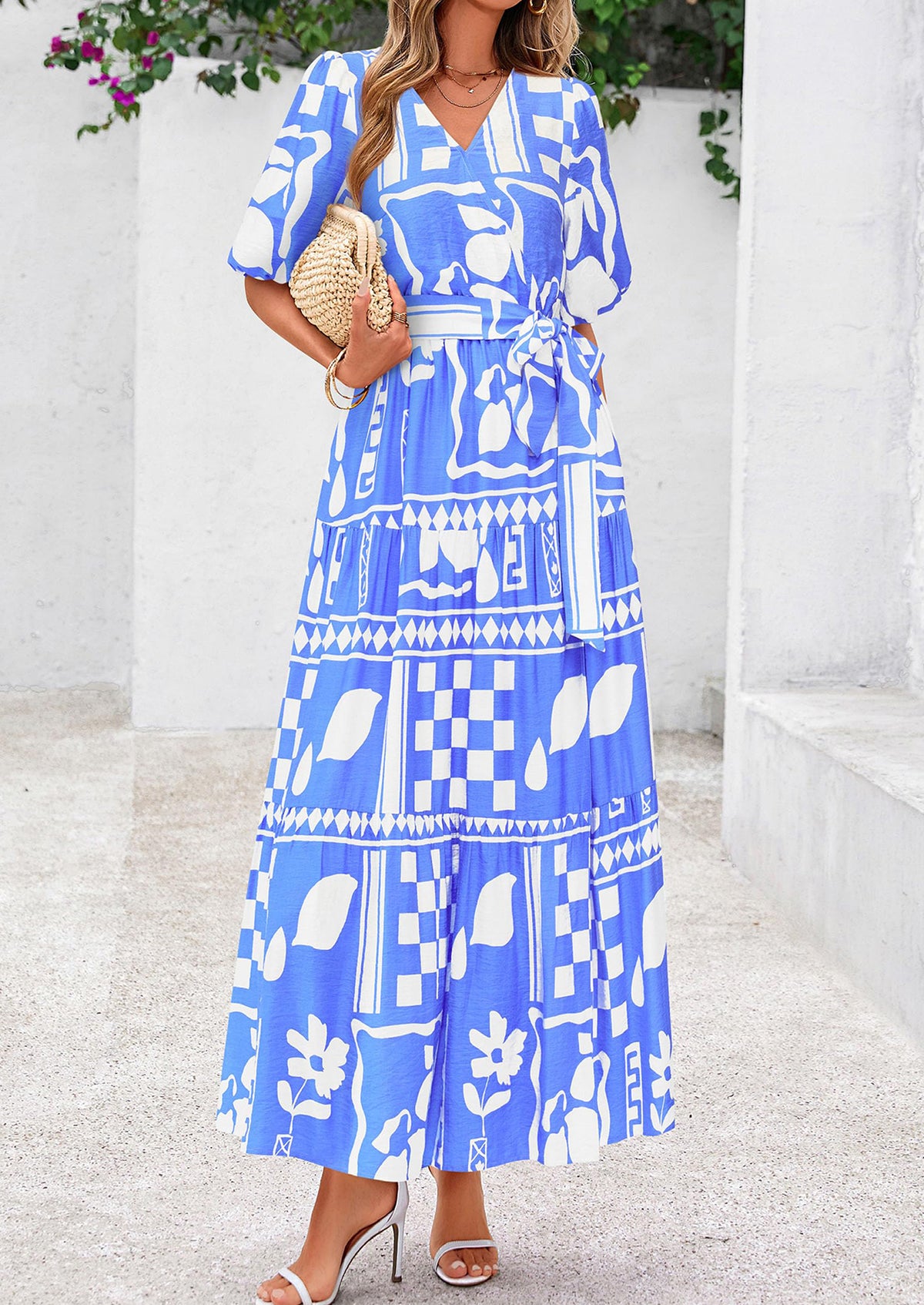 Bohemian Print V-Neck Short Sleeved Ruffled Vacation Maxi Dress