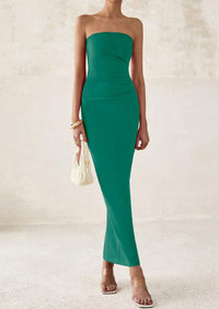 Strapless Tube Bodycon Ruched Slit Maxi Dresses