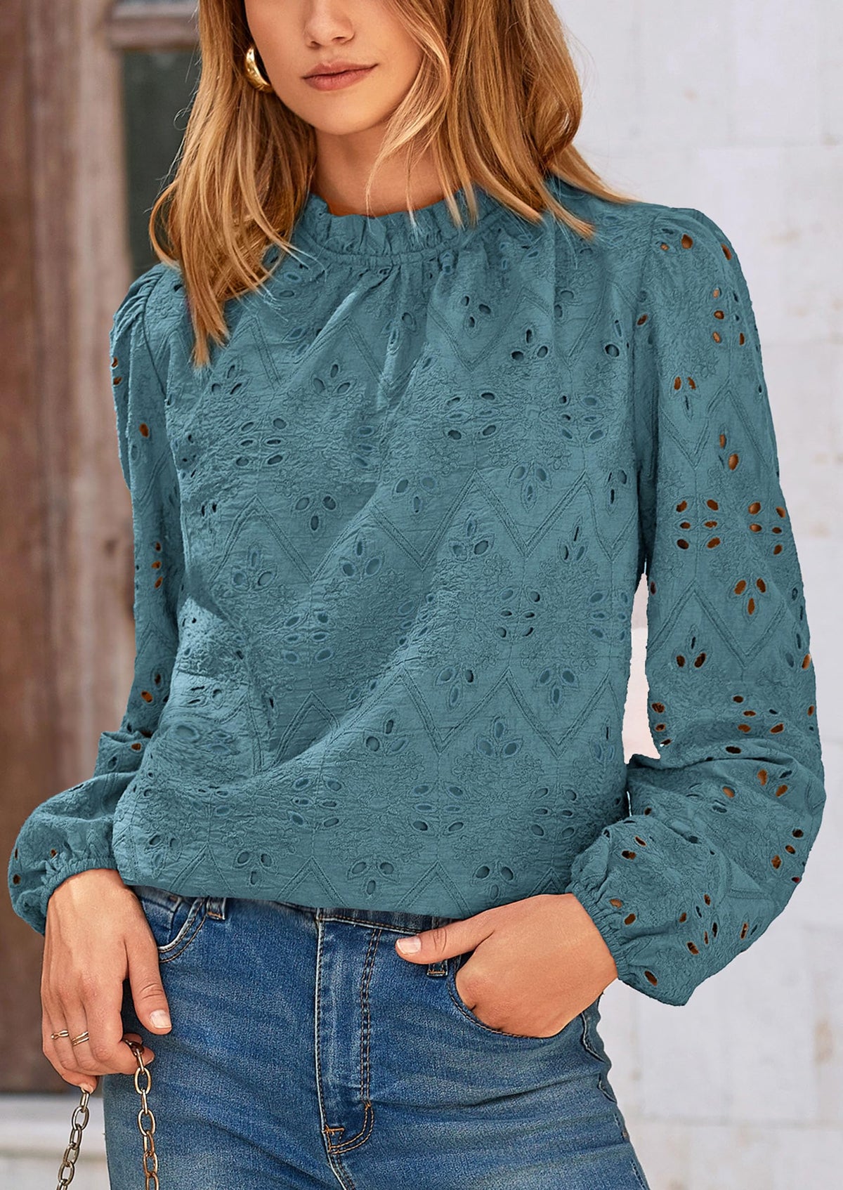 Casual Embroidered Long Puff Sleeve Ruffle Eyelet Lace Blouses