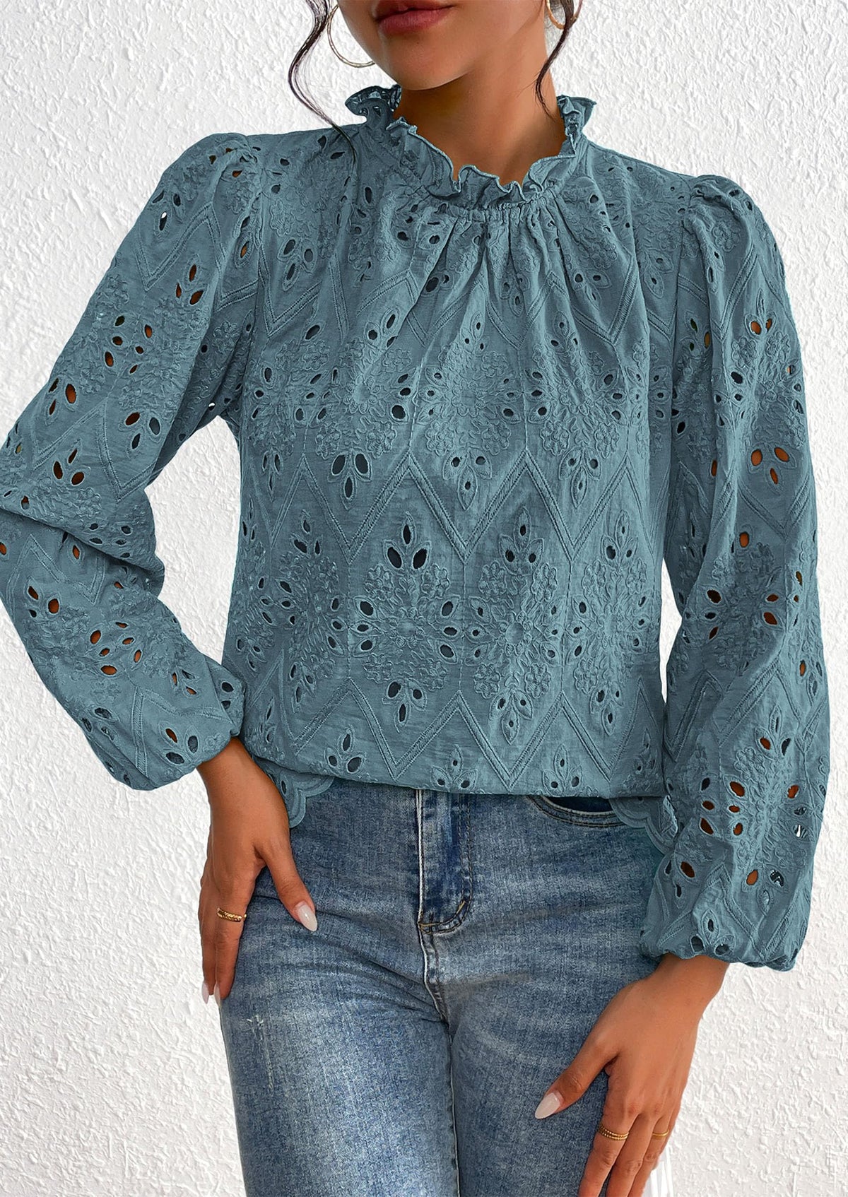 Casual Embroidered Long Puff Sleeve Ruffle Eyelet Lace Blouses