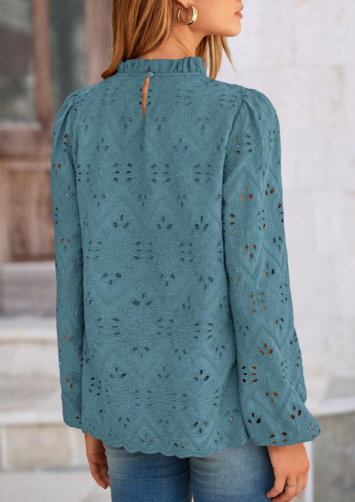 Casual Embroidered Long Puff Sleeve Ruffle Eyelet Lace Blouses
