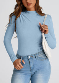 Y2K Long Sleeve Mock Neck Ruched Slim Fitted Casual Blouses