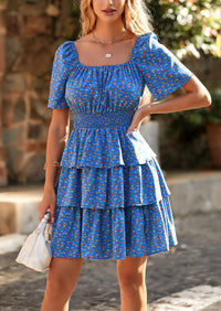 Floral Square Neck Short Sleeve Tiered Ruffle Boho Dresses
