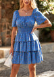Floral Square Neck Short Sleeve Tiered Ruffle Boho Dresses