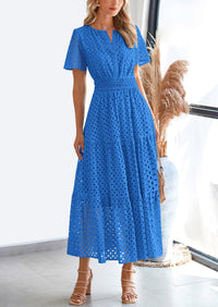 Short Sleeve V Neck Hollow Out Eyelet A Line Long Beach Maxi Dress