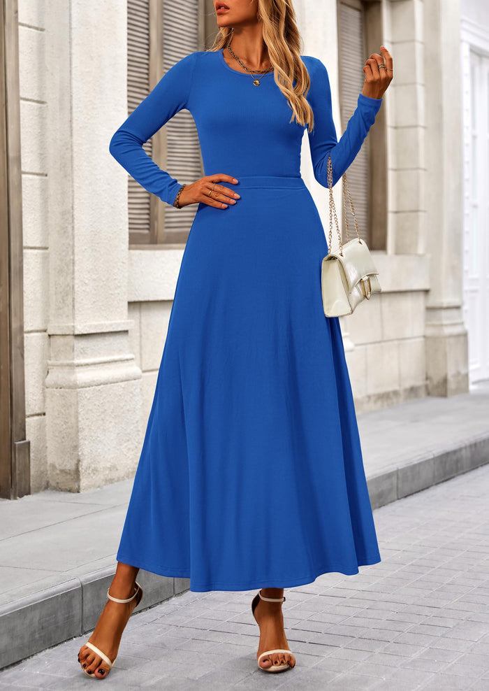 Casual Ribbed Knit Long Sleeve Crop Tops Maxi Flowy Skirts Two Piece Sets