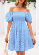 Puff Sleeve Off Shoulder Eyelet Smocked A Line Casual Babydoll Mini Dress
