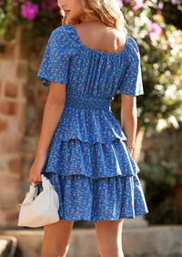 Floral Square Neck Short Sleeve Tiered Ruffle Boho Dresses
