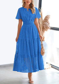 Short Sleeve V Neck Hollow Out Eyelet A Line Long Beach Maxi Dress