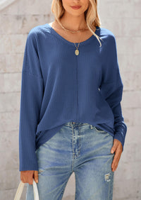 Casual Long Sleeve Ribbed V Neck Loose Fit Blouses