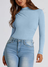 Y2K Long Sleeve Mock Neck Ruched Slim Fitted Casual Blouses