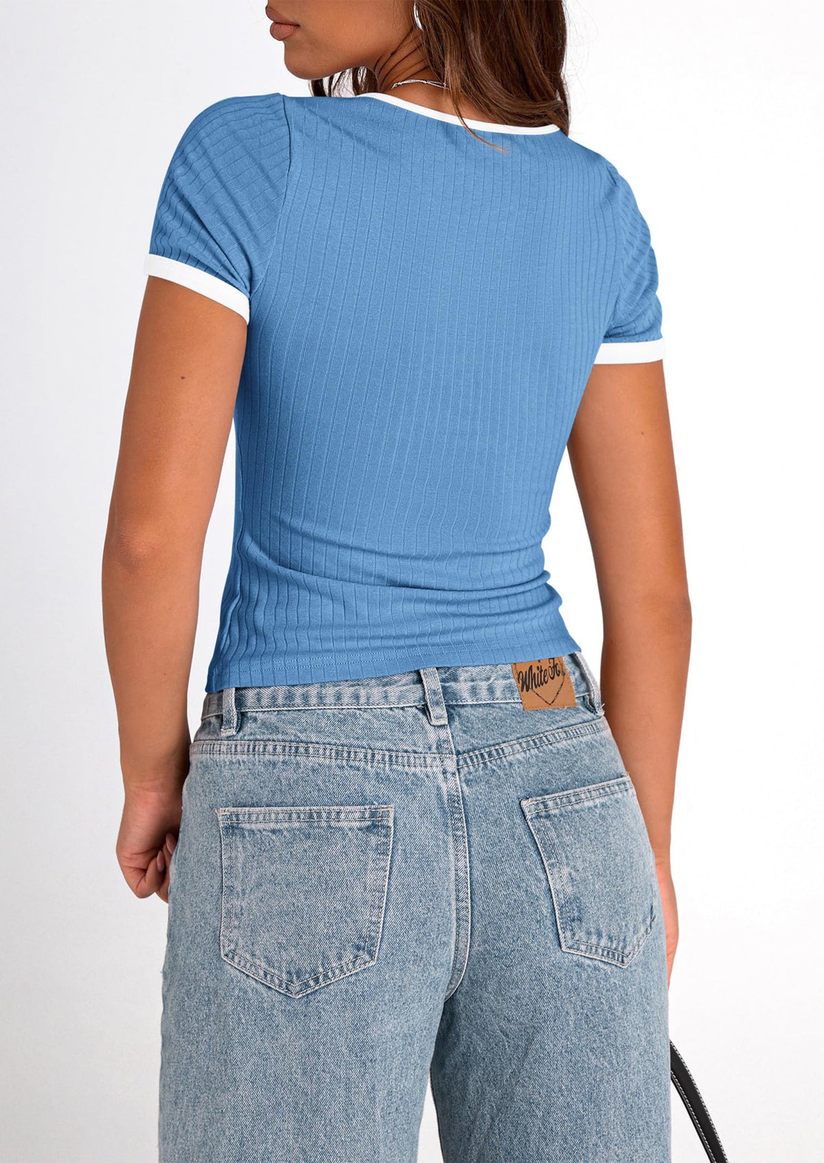 Casual Short Sleeve Ribbed Knit Square Neck Color Block Slim Fit Basic Crop T-shirts