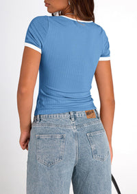 Casual Short Sleeve Ribbed Knit Square Neck Color Block Slim Fit Basic Crop T-shirts
