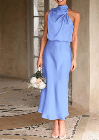 Satin sleeveless stand up collar party long dress