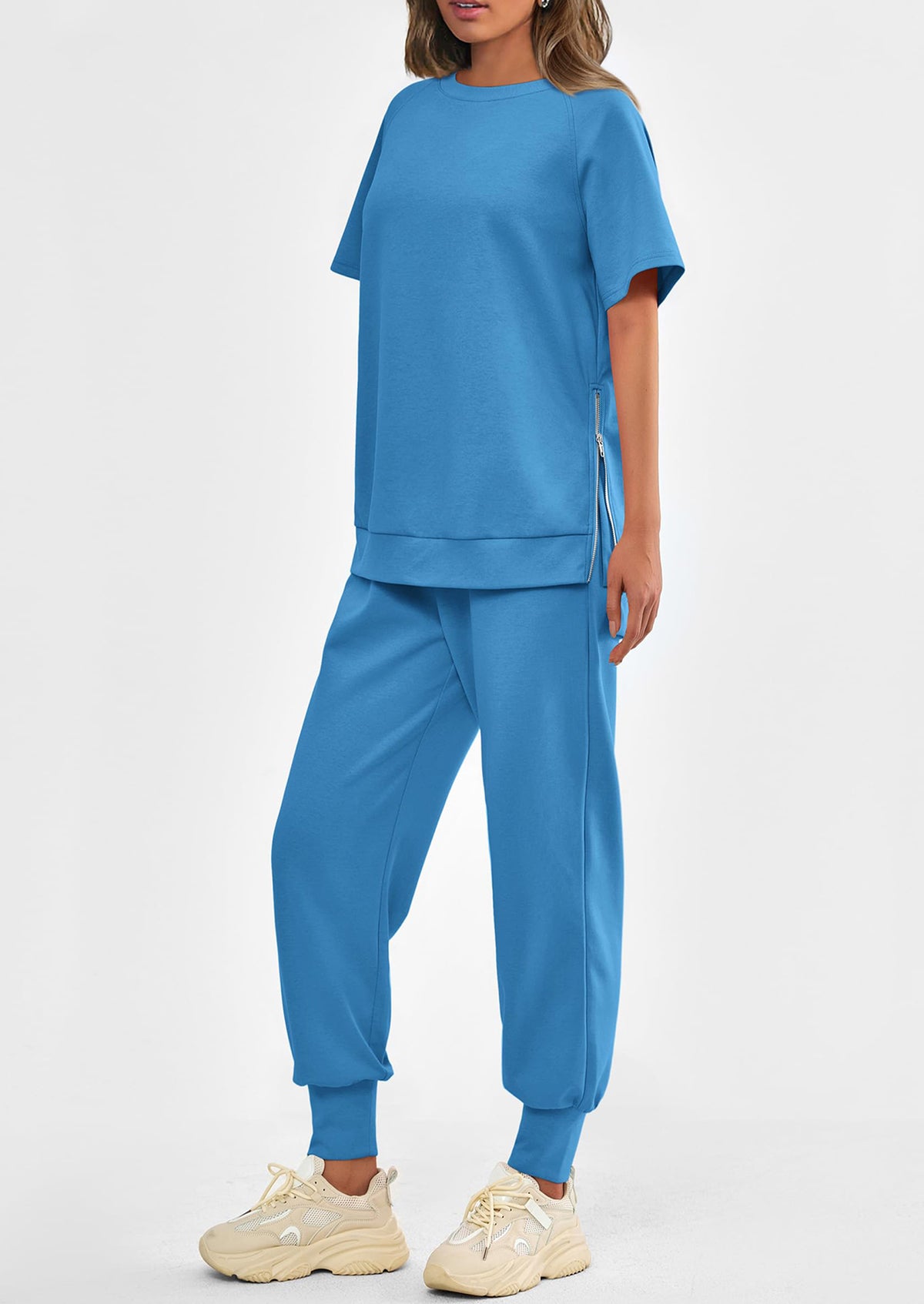 Casual Short Sleeve Tops High Waisted Sweatpants Two Piece Sets