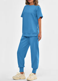 Casual Short Sleeve Tops High Waisted Sweatpants Two Piece Sets