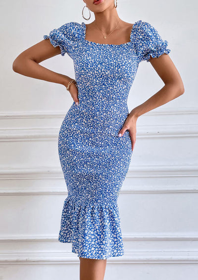 PRETTYGARDEN Bodycon Midi Dresses Summer Floral Puff Sleeve Mermaid Cocktail Baby Shower Photoshoot Maternity Dress