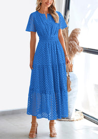 Short Sleeve V Neck Hollow Out Eyelet A Line Long Beach Maxi Dress