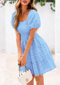Puff Sleeve Off Shoulder Eyelet Smocked A Line Casual Babydoll Mini Dress