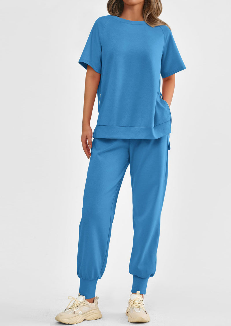 PRETTYGARDEN 2 Piece Outfit Tracksuits Casual Short Sleeve Tops High Waisted Sweatpants Set