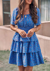 PRETTYGARDEN Women Floral Square Neck Short Sleeve Tiered Ruffle Boho Mini Dresses