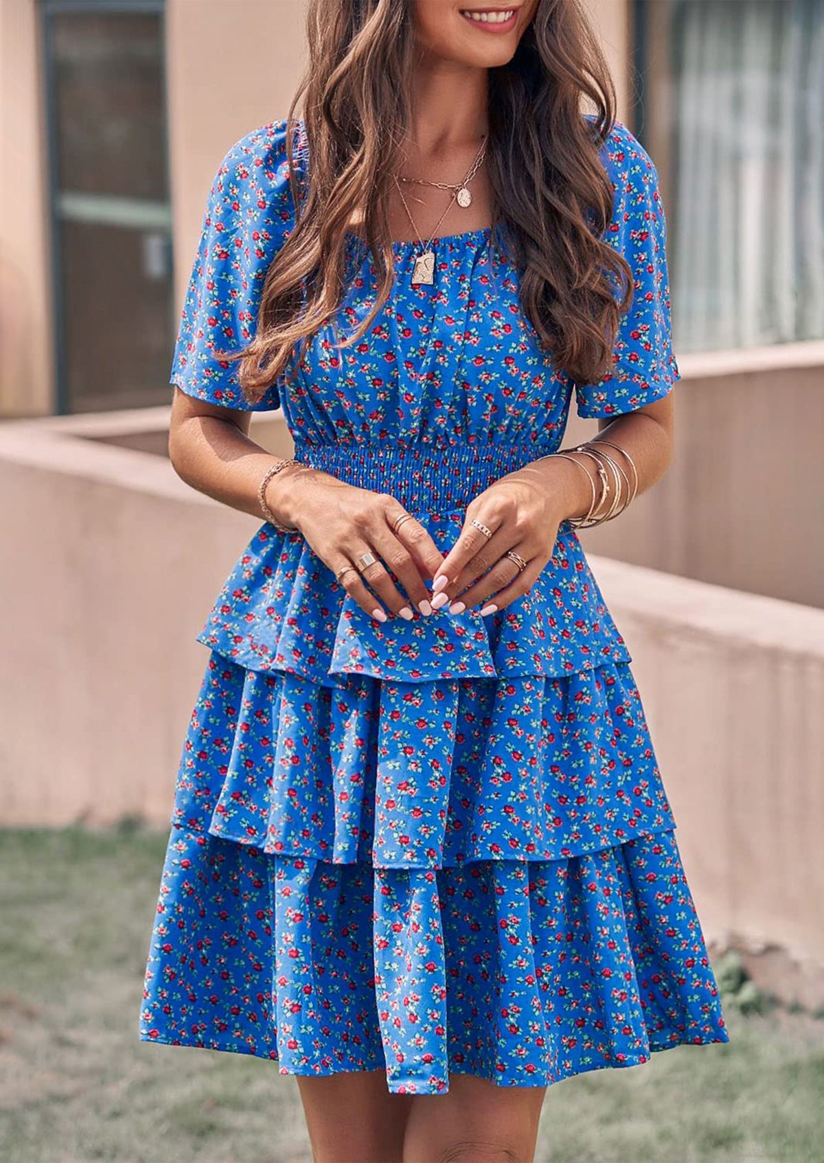 Floral Square Neck Short Sleeve Tiered Ruffle Boho Dresses