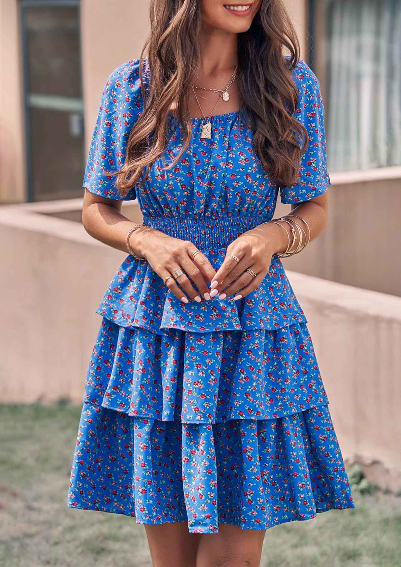 PRETTYGARDEN Women Floral Square Neck Short Sleeve Tiered Ruffle Boho Mini Dresses