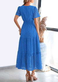 Short Sleeve V Neck Hollow Out Eyelet A Line Long Beach Maxi Dress