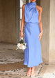 Satin sleeveless stand up collar party long dress