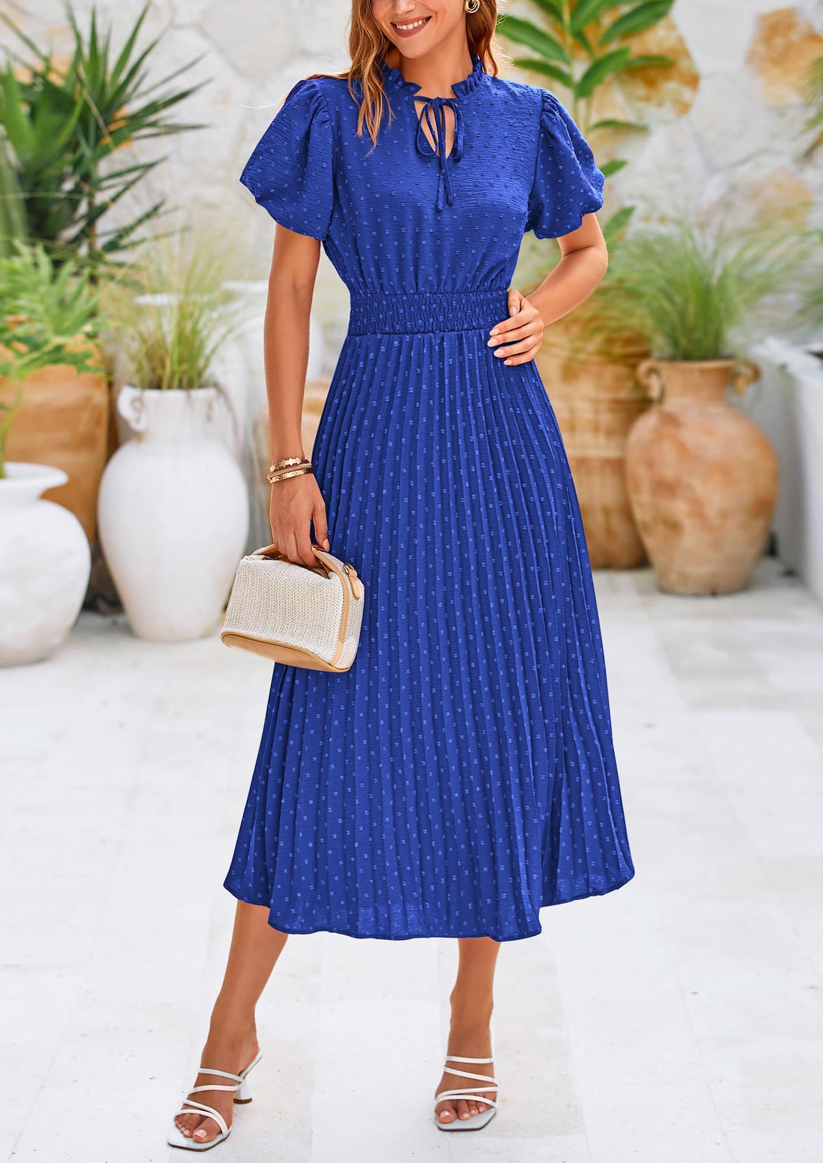Swiss Dot Pleated A Line Casual Flowy Party Midi Dress
