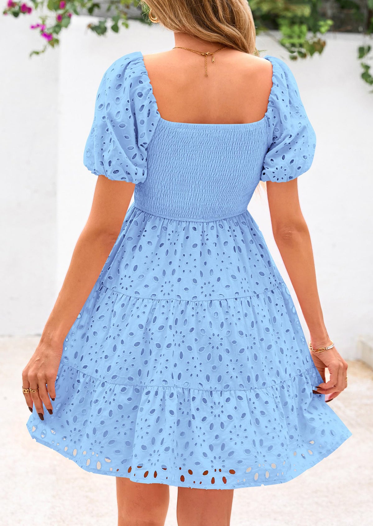 Puff Sleeve Off Shoulder Eyelet Smocked A Line Casual Babydoll Mini Dress