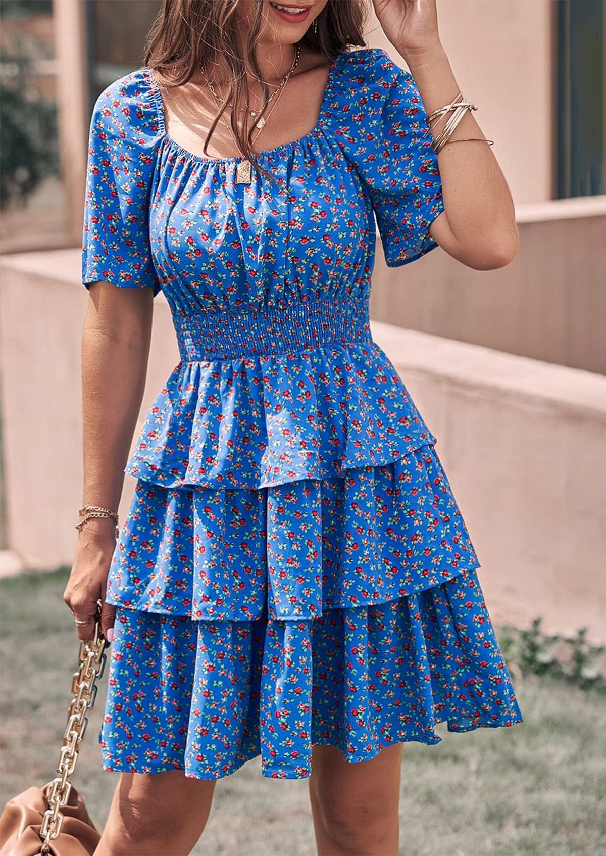 Floral Square Neck Short Sleeve Tiered Ruffle Boho Dresses