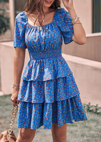 Floral Square Neck Short Sleeve Tiered Ruffle Boho Dresses