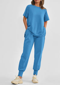 Casual Short Sleeve Tops High Waisted Sweatpants Two Piece Sets