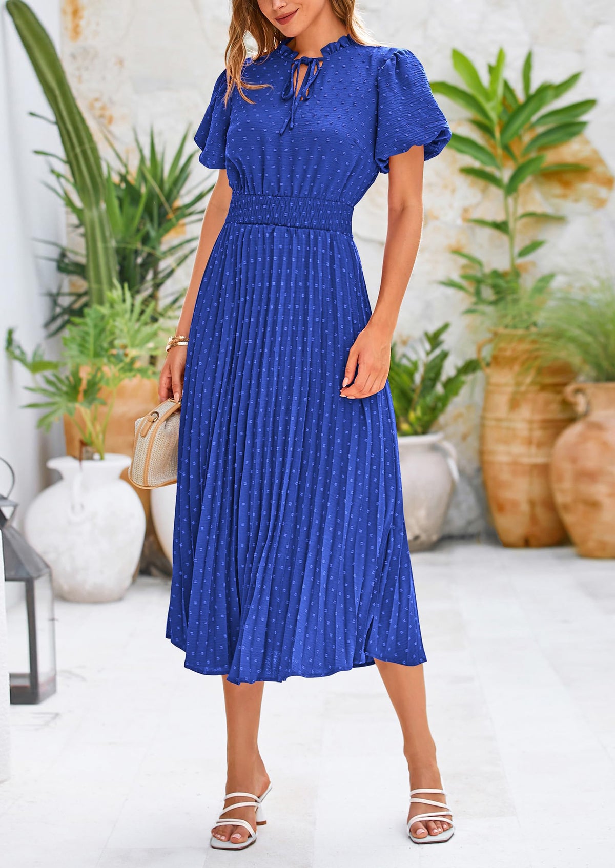 Swiss Dot Pleated A Line Casual Flowy Party Midi Dress