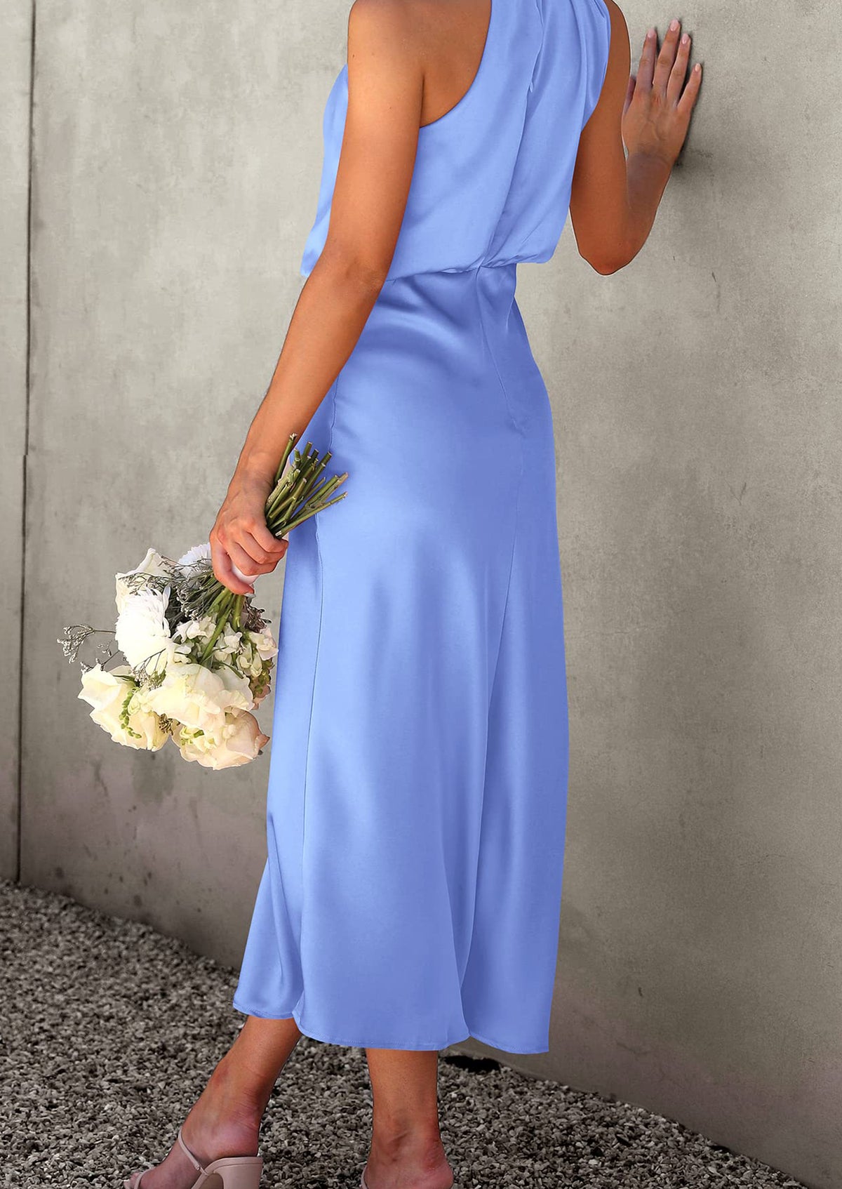 Satin sleeveless stand up collar party long dress