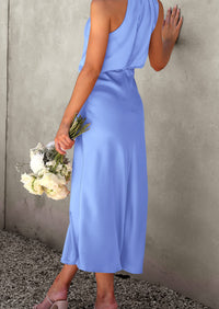 Satin sleeveless stand up collar party long dress