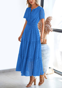 Short Sleeve V Neck Hollow Out Eyelet A Line Long Beach Maxi Dress